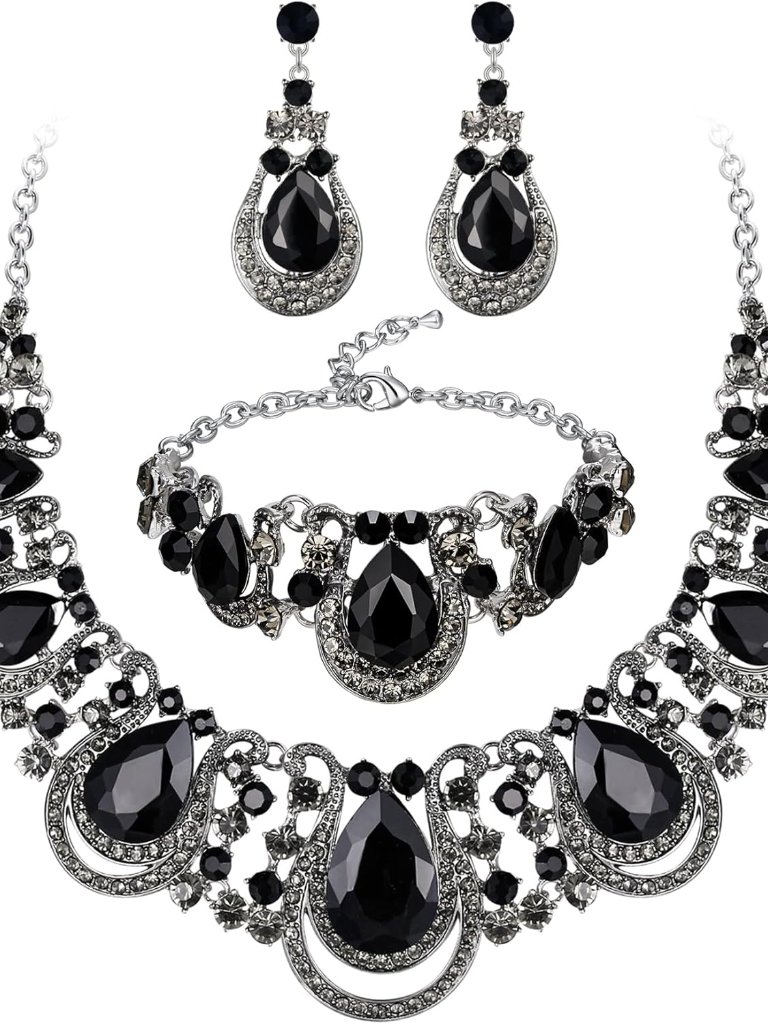 Women's Teardrop Crystal Statement Necklace Cluster Hollow Dangle Earrings Chain